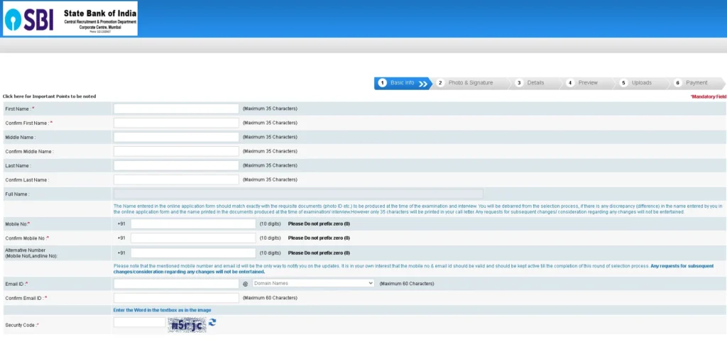 SBI Bank New Vacancy 2025 PO Post Registration Form Page