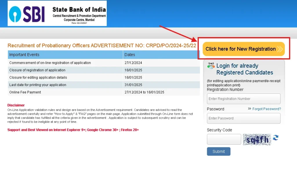 SBI Bank New Vacancy 2025 PO Post Registration